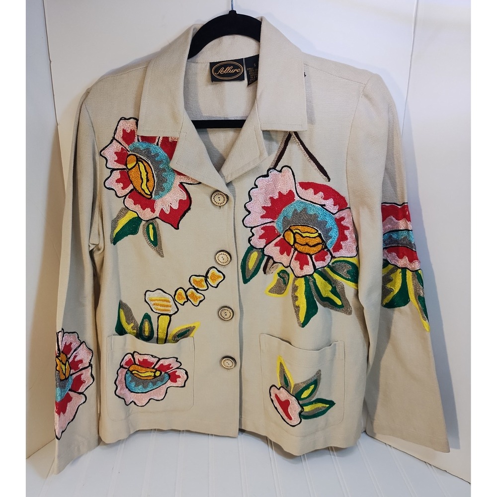 VTG Allure Embroidered Floral Button Front Jacket Womans Sm Beige Artsy Western